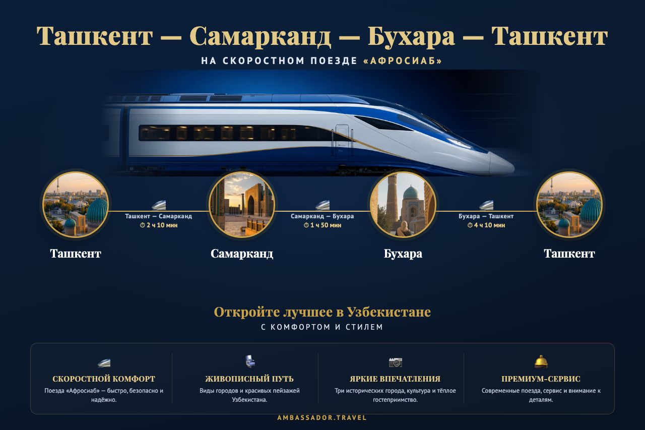 Маршрут Ташкент — Самарканд — Бухара на скоростном поезде «Афросиаб»