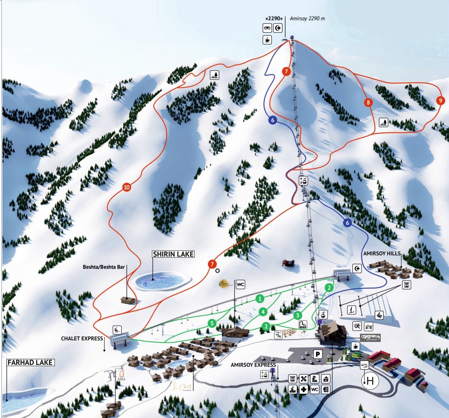 Amirsoy trail map: gondolas, chairlift and slopes Papa, Charlie, Bravo, Alfa, Tango, Oscar