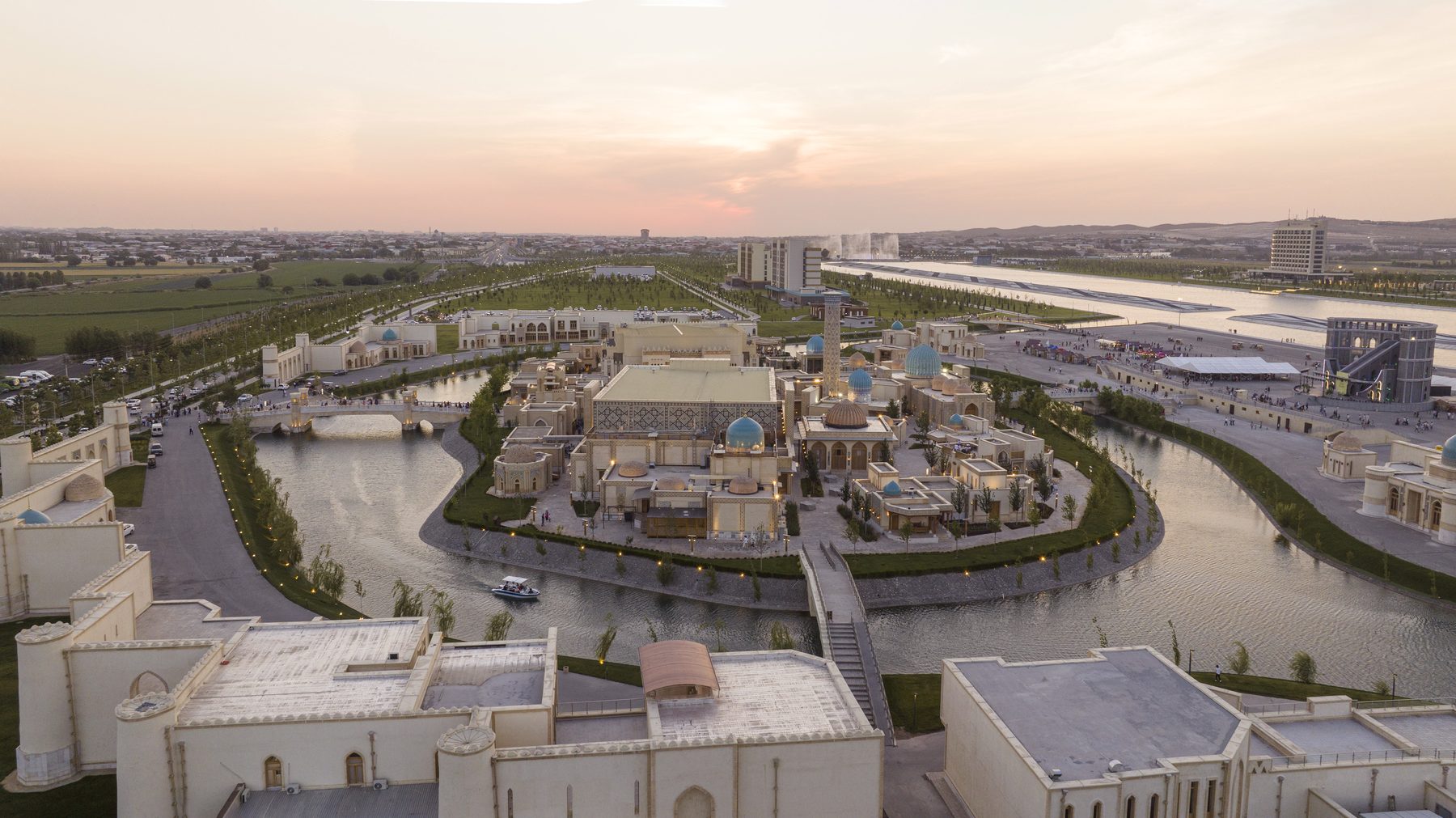 The Eternal City at dusk: an ethnographic town on the water at the Silk Road Samarkand resort