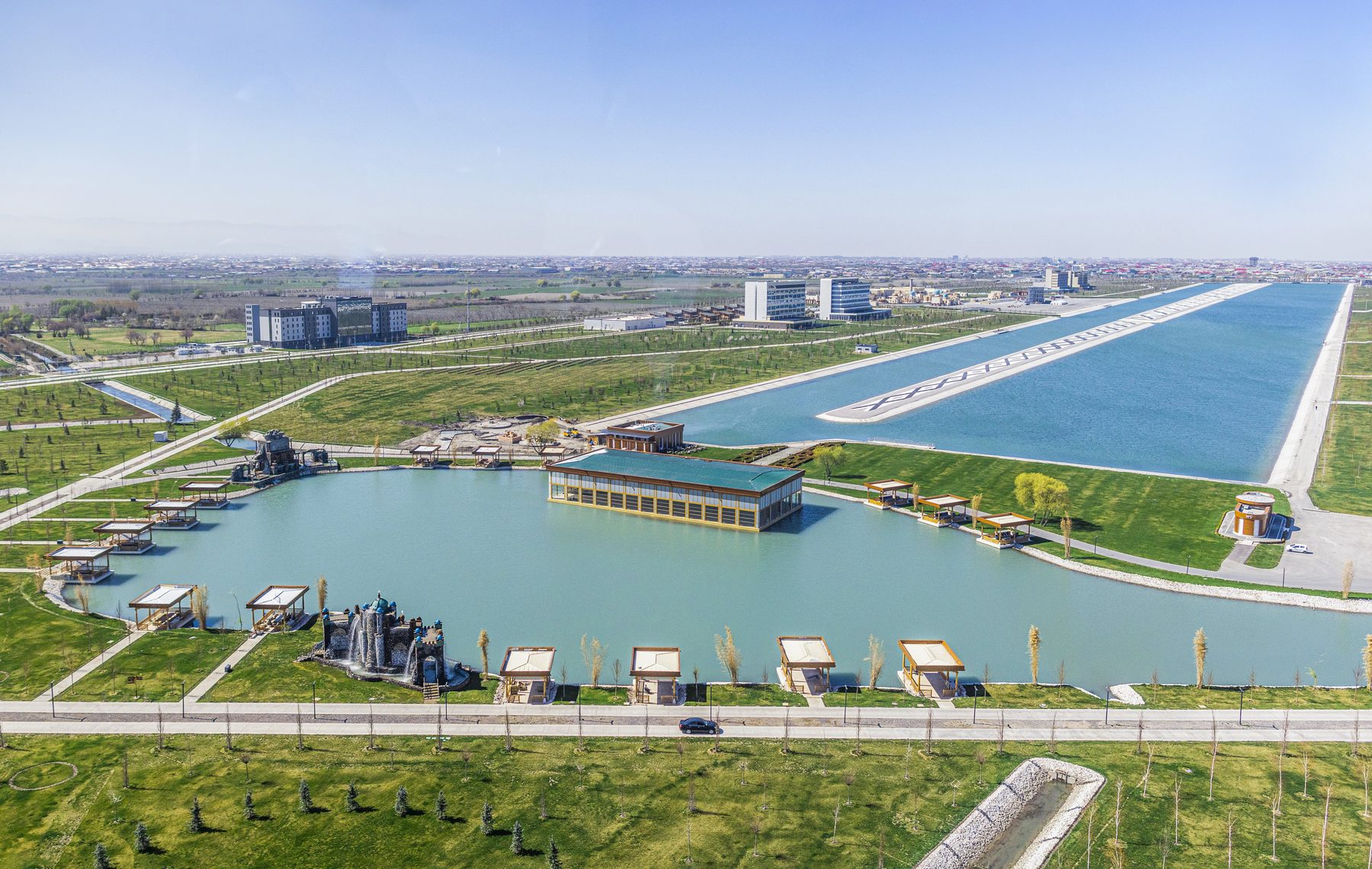 Silk Road Samarkand resort from above: the congress centre and hotels along the canal